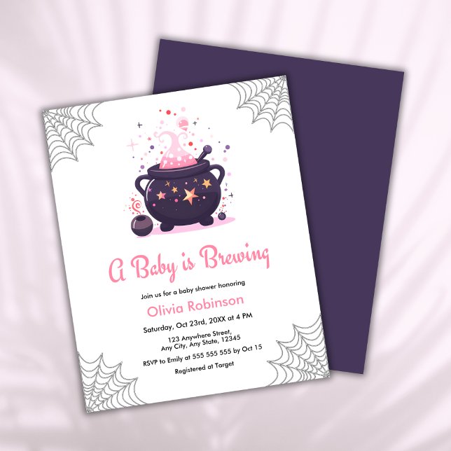 Lámina Un bebé está preparando la invitación de Baby Show (Budget Pink A Baby is Brewing Cauldron Halloween Girl Baby Shower Invitation )