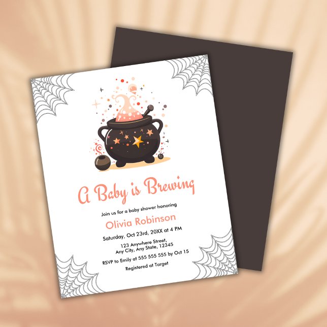 Lámina Un bebé está preparando la invitación de Baby Show (Budget Orange A Baby is Brewing Cauldron Halloween Baby Shower Invitation  )