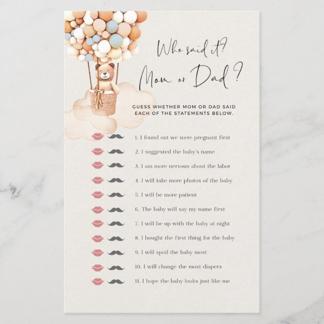 Lámina Un Juego De Baby Shower Que Lo Dijo (Anverso)