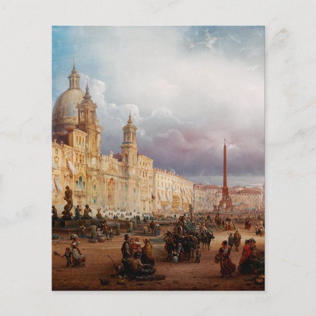 Lámina Un mercado muy animado en la Piazza Navona de Roma (Anverso)