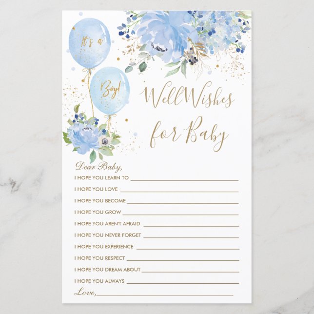 Lámina Un niño con globo de flores azul adivina los deseo (Anverso)