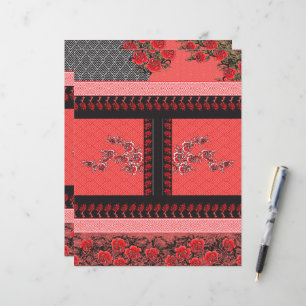 Lámina un patrón rojo y negro con flores sobre él