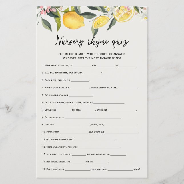 Lámina Un pequeño juego de juego de Rhyme Infantil Cutie (Anverso)