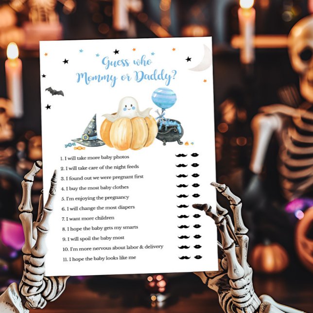 Lámina Un pequeño niño azul adivina quién es mi mamá o pa (Pumpkin Halloween Baby Shower Guess who Mommy or Daddy Game)