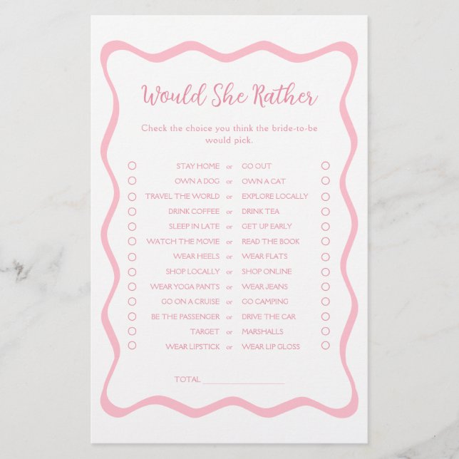 Lámina Una Ducha De Novias Rosa Ondulado Prefiere Jugar (Anverso)