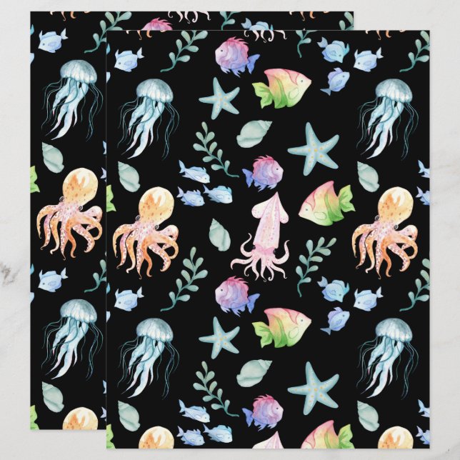 Lámina Under the Sea Scrapbook Paper in Black (Anverso / Reverso)