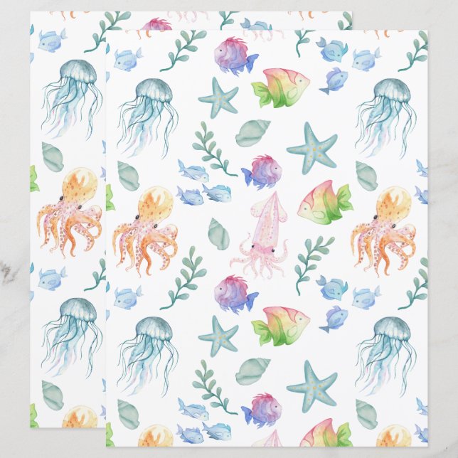 Lámina Under the Sea Scrapbook Paper in White (Anverso / Reverso)