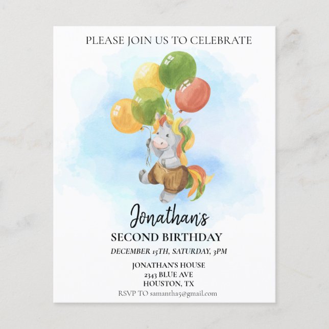 Lámina Unicornio de cumpleaños con acuarela de globos (Anverso)
