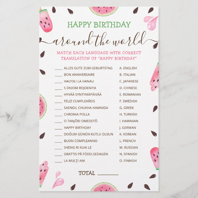 Lámina Uno En Melón Feliz Cumpleaños En Todo El Mundo (Anverso)