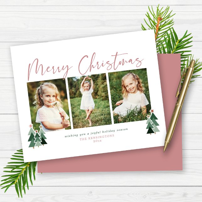 Lámina Vacaciones de Navidades modernos de árboles rústic (Budget Rustic Trees Pink Modern Christmas Holiday Photo Card)