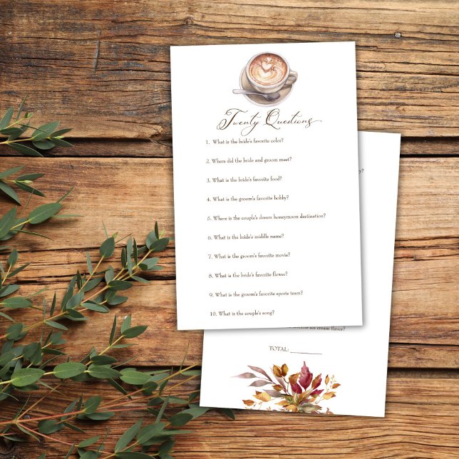 Lámina Veinte preguntas el amor es preparar un juego de d (Twenty questions love is brewing coffee fall shower game card cappuccino bridal shower games)