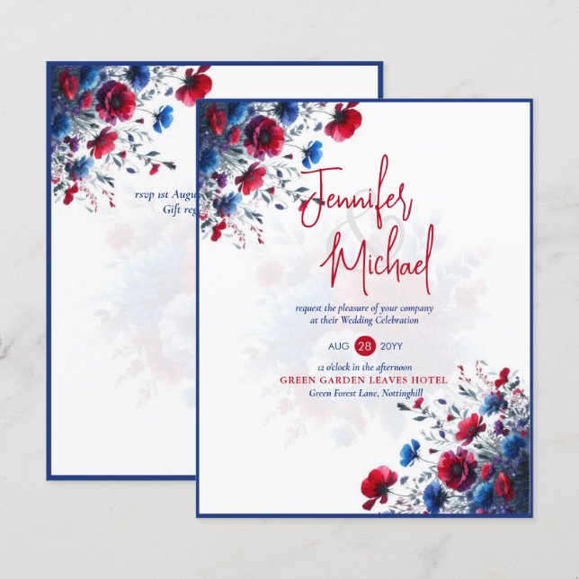 Lámina VENTA! Boda floral azul morado rojo (Anverso / Reverso)