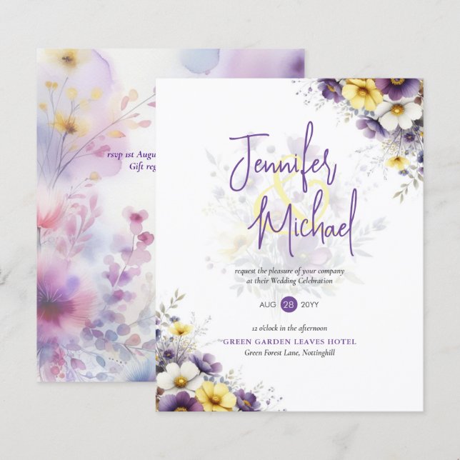 Lámina VENTA! Boda floral morado amarillo (Anverso / Reverso)