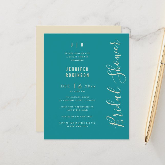 Lámina Verde azulada de ducha de novia moderna con guión  (Anverso/Reverso In Situ)