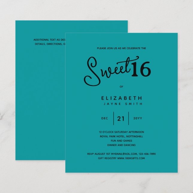 Lámina Verde azulado SWEET 16 Aniversario del elegante pr (Anverso / Reverso)