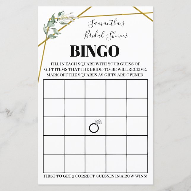 Lámina Verdor Bingo Ducha de novia juego bilingüe (Anverso)
