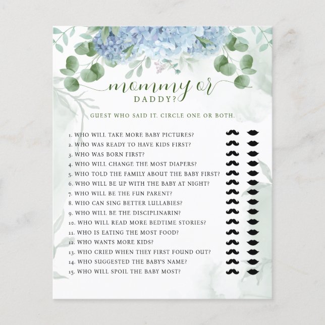 Lámina Verdor hidrangea azul mamá o papá Baby Shower (Anverso)