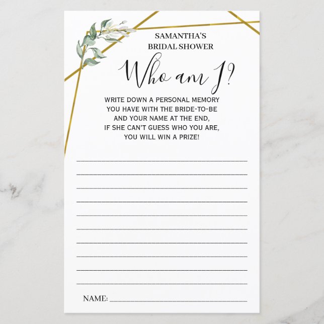 Lámina Verdor ¿Quién soy? ducha de novia juego bilingüe (Anverso)