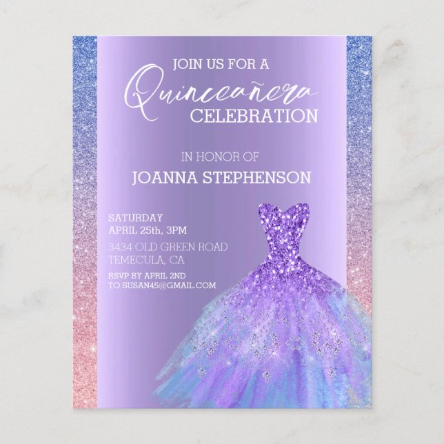 Lámina Vestido Quinceanera Purpurina Morado Ombre (Anverso)
