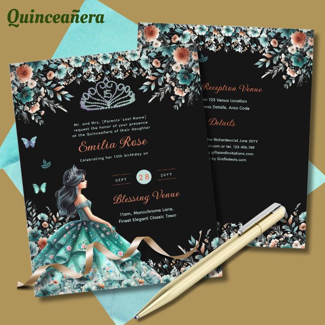 Lámina Vestido Quinceanera Verde Turquesa Mariposa Floral (Subido por el creador)