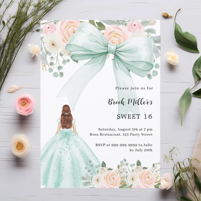 Lámina Vestido verde sabio arco rosa Dulce 16 invitación (Subido por el creador)