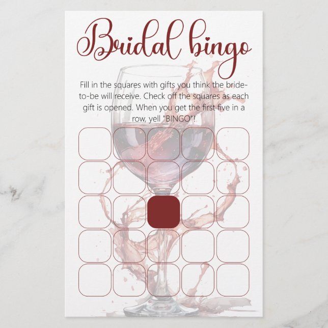 Lámina Vidrio de vino tinto Bridal Ducha juego de bingo (Anverso)