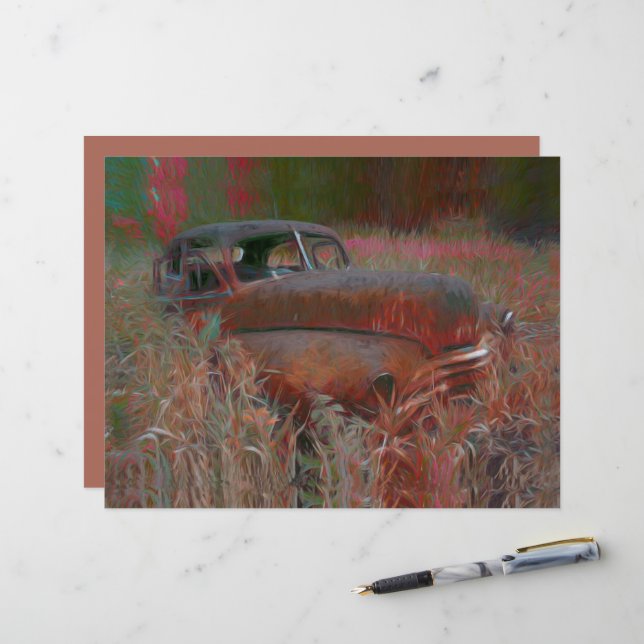 Lámina Viejo arte antiguo del viejo auto rosa Rústico mar (Anverso/Reverso In Situ)