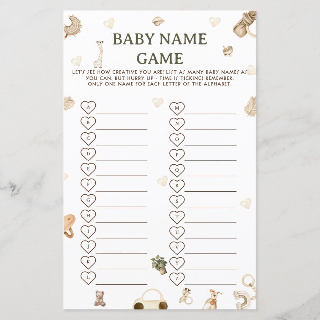 Lámina Viñeta Boho Baby Shower Baby Name Race Game (Anverso)