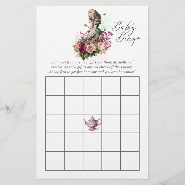 Lámina Vintage Alice In Wonderland Baby Shower Bingo (Anverso)
