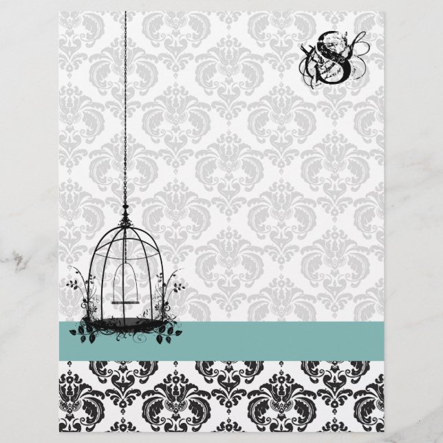 Lámina Vintage Bird Cage Aqua Damask Monogram Letterhead (Anverso)
