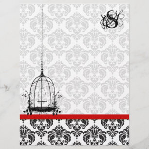 Lámina Vintage Bird Cage Red Damask Monogram Letterhead