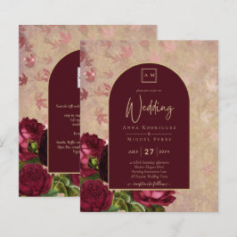 Lámina Vintage Boda de Oro de Rosas Rojas Profundas Botán