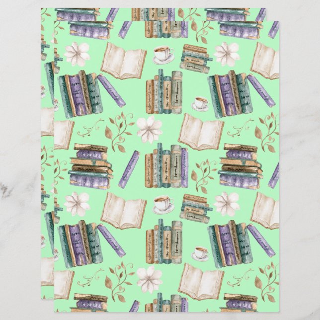 Lámina Vintage Books Scrapbook Paper in Green (Anverso / Reverso)