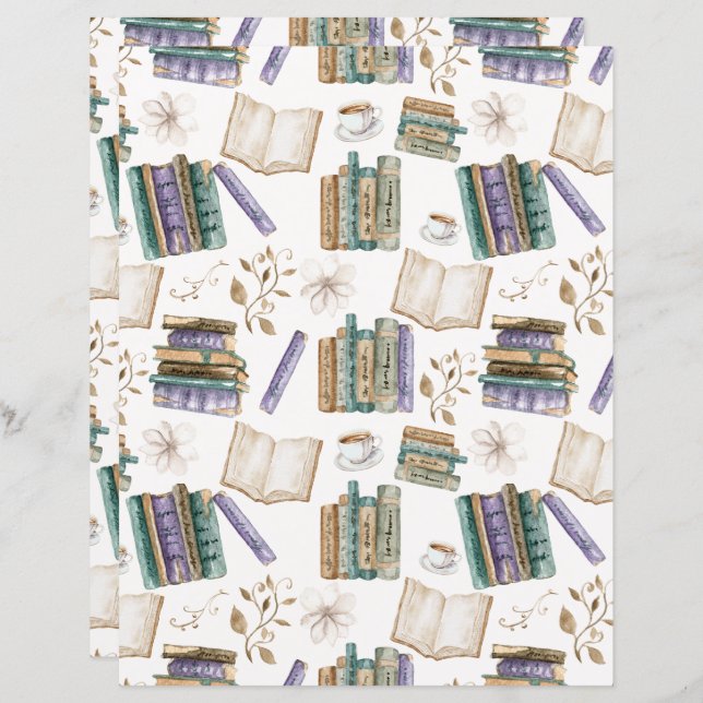 Lámina Vintage Books Scrapbook Paper in White (Anverso / Reverso)