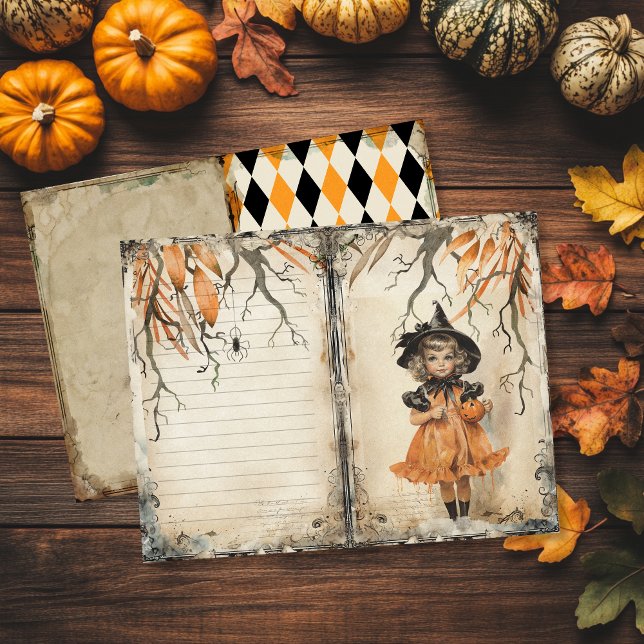 Lámina Vintage Cute Witch Halloween Junk Journal (Vintage Halloween Junk Journal Page featuring a cute witch.)
