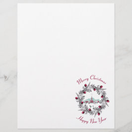 Lámina Vintage Iglesia de Invierno con corona de Navidade