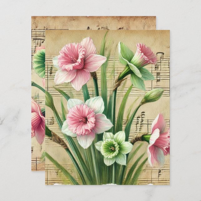 Lámina Vintage Music Pink & Green Daffodils Scrapbook (Anverso / Reverso)