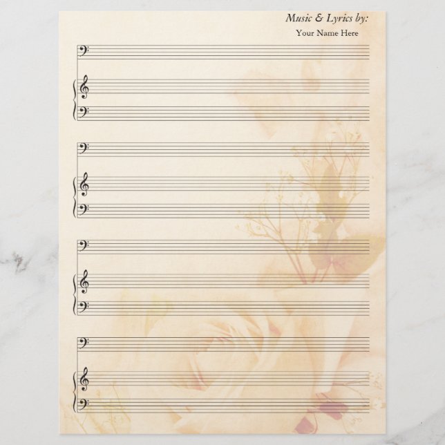 Lámina Vintage Rosa Blank Sheet Music Bass Clef (Anverso)