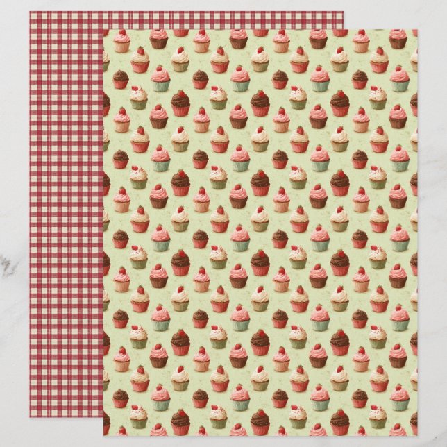 Lámina Vintage Strawberry Cupcake Scrapbook Paper (Anverso / Reverso)