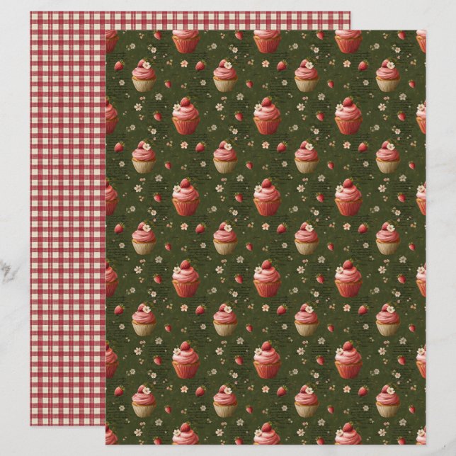 Lámina Vintage Strawberry Cupcakes Scrapbook Paper (Anverso / Reverso)