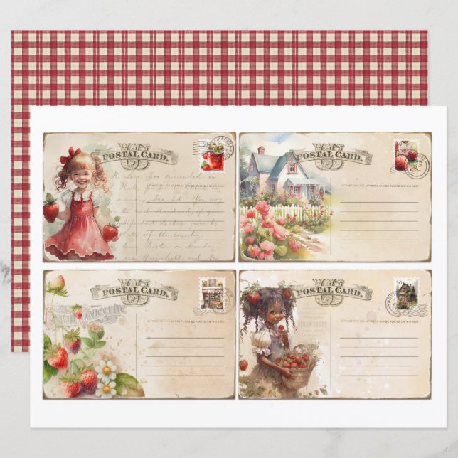 Lámina Vintage Strawberry Farm Scrapbook Paper (Anverso / Reverso)