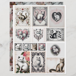 Lámina Vintage Style Black and Pink Kitten Illustrations