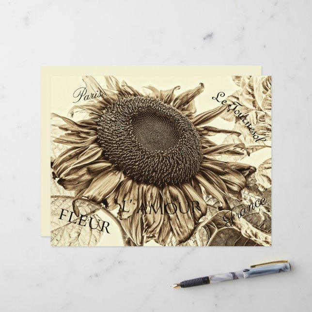 Lámina Vintage Sunflower Sepia Tone a la antigua escritur (Anverso/Reverso In Situ)