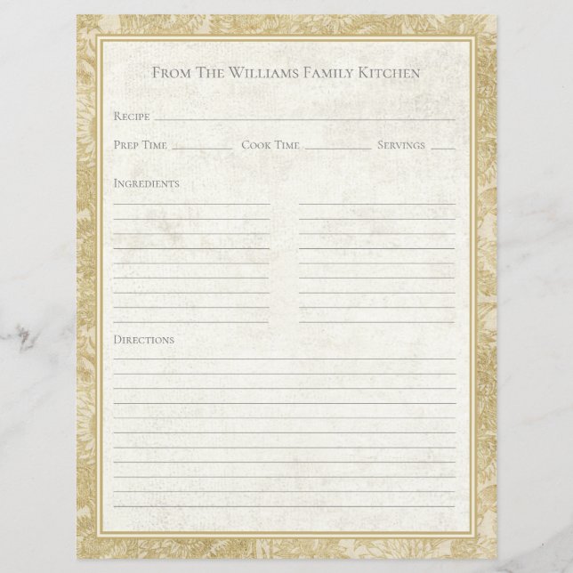 Lámina Vintage Sunflower Toile Tan Recipe Paper Sheet (Anverso)