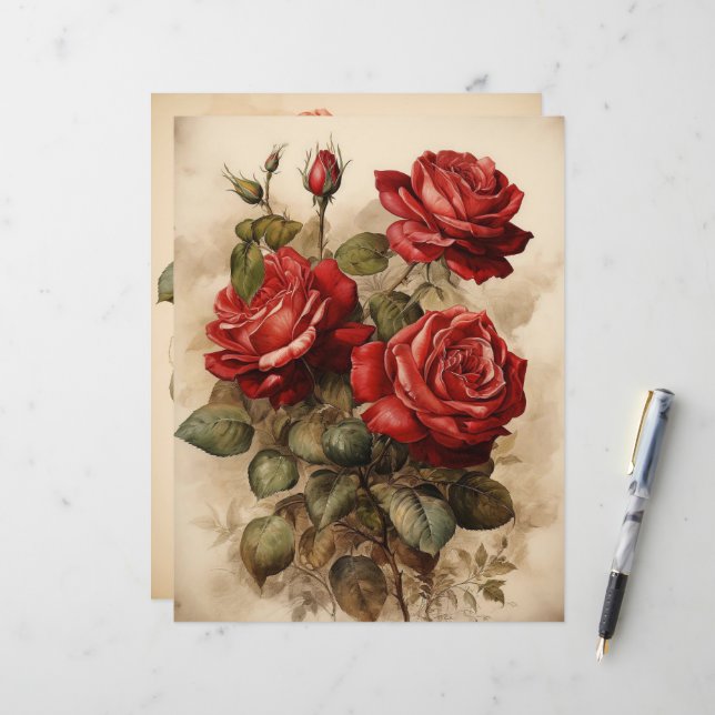 Lámina Vintage Watercolor Roses Roses Roses Roses Papel C (Anverso/Reverso In Situ)