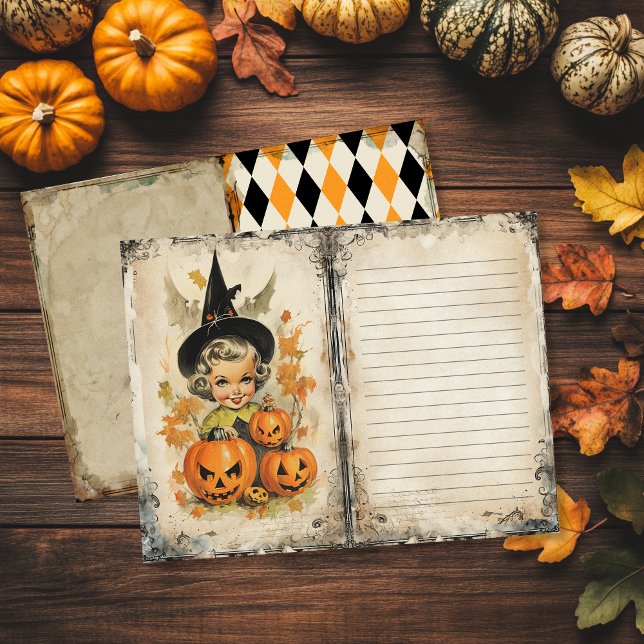 Lámina Vintage Witch Halloween Junk Journal (Vintage Halloween Junk Journal Page featuring cute witch and pumpkins)