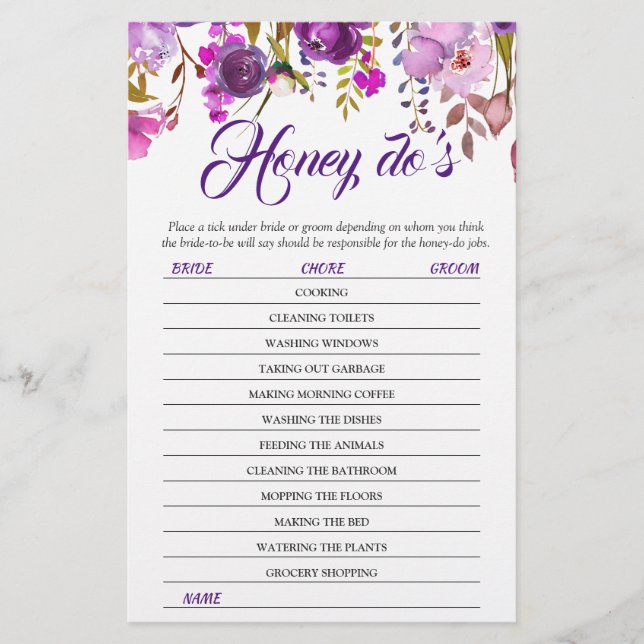 Lámina Violet Purple Peony Floral Bridal Shower Game (Anverso)