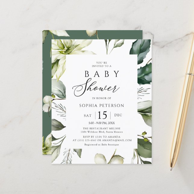 Lámina Volante Baby Shower de Budget Elegant Greenery (Anverso/Reverso In Situ)