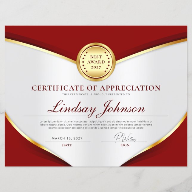 Lámina Volante de certificado de apreciación rojo y dorad (Anverso)