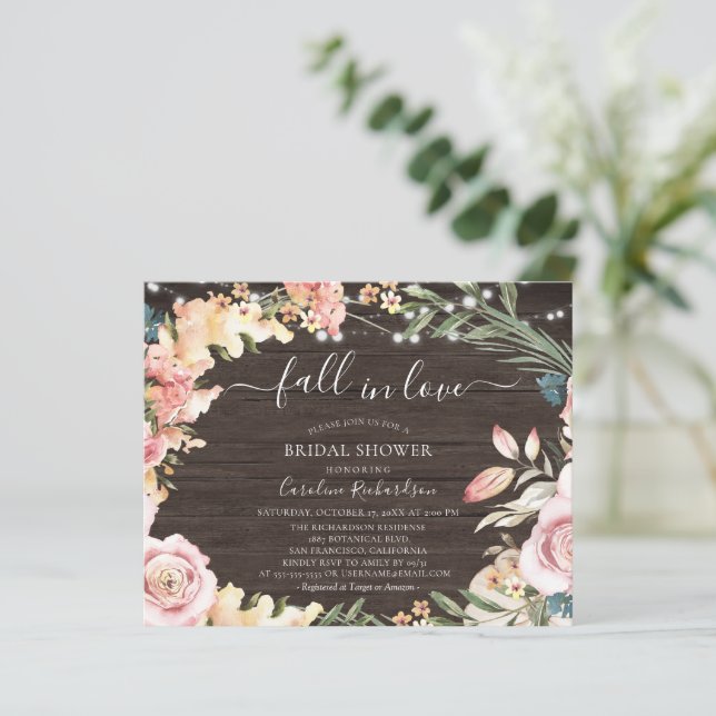 Lámina Volante de ducha de novia floral de madera rústica (Anverso de pie)